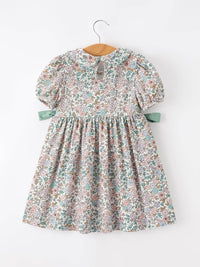 Sage Green Bow Floral Smocked Girl Dress