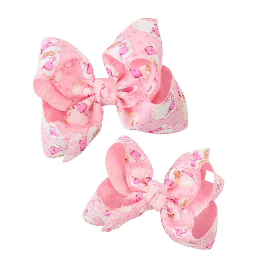 LAYERED LIGHT PINK SANTA PRINT HAIR BOW ON ALLIGATOR CLIP : 4.5" Large