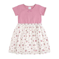 A short sleeve dress with a mauve bodice and an ivory floral tulle skirt.