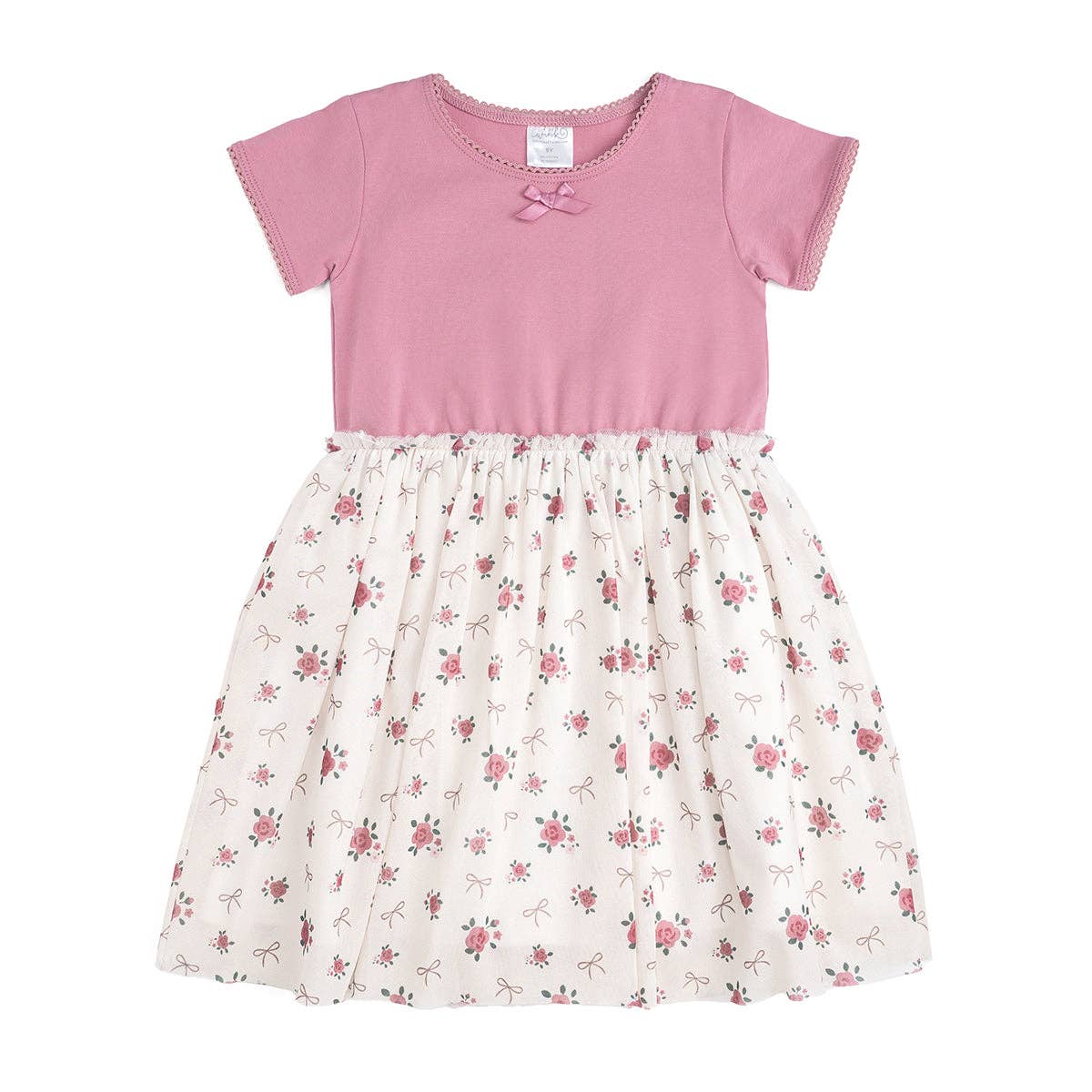A short sleeve dress with a mauve bodice and an ivory floral tulle skirt.