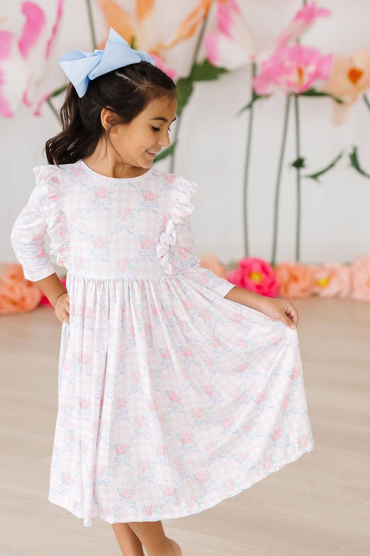 Ribbons & Roses 3/4 Sleeve Ruffle Twirl Dress - Baby Biz