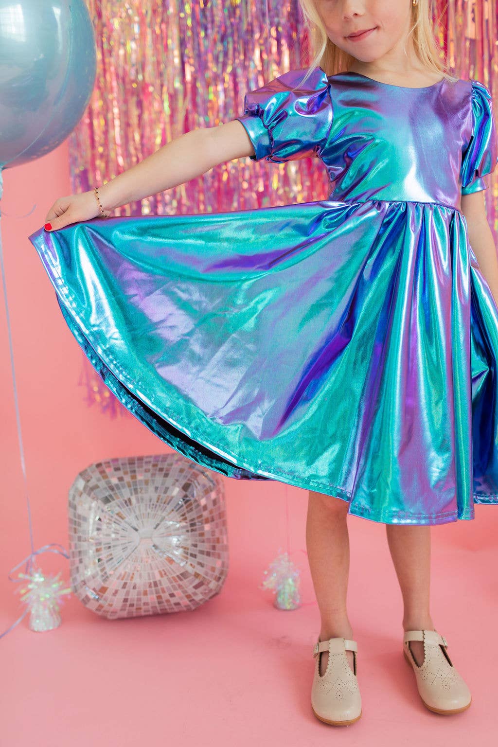 Puff Dress in Aqua Lamé