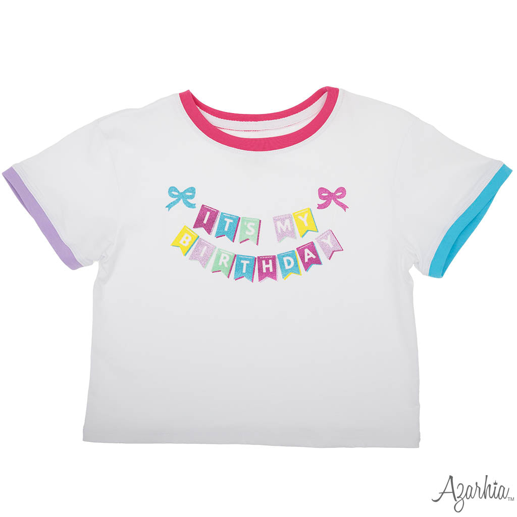 Azarhia Its my BIRTHDAY Glitter on White Ringer Boxy