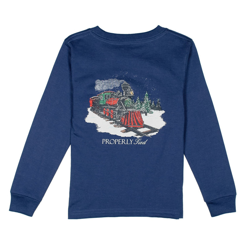 River Blue long sleeve tee with a train graphic on the back and a front pocket with a duck logo.