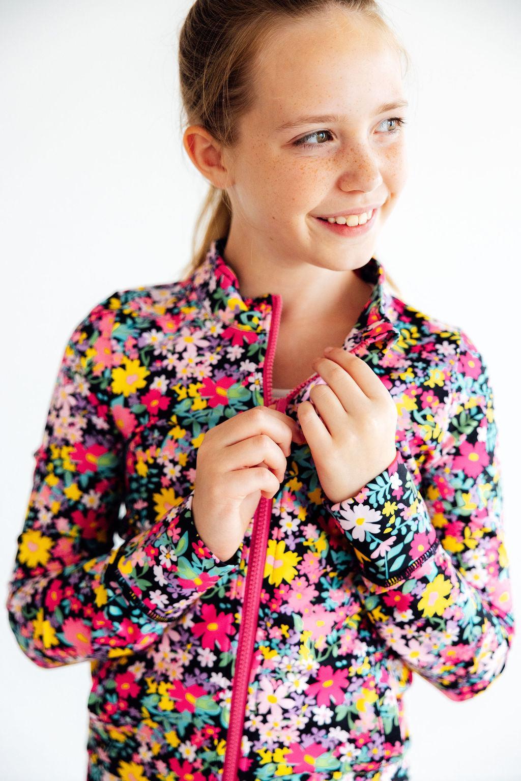 Mila & Rose Flexible Floral Full-Zip Ruffle Active Jacket