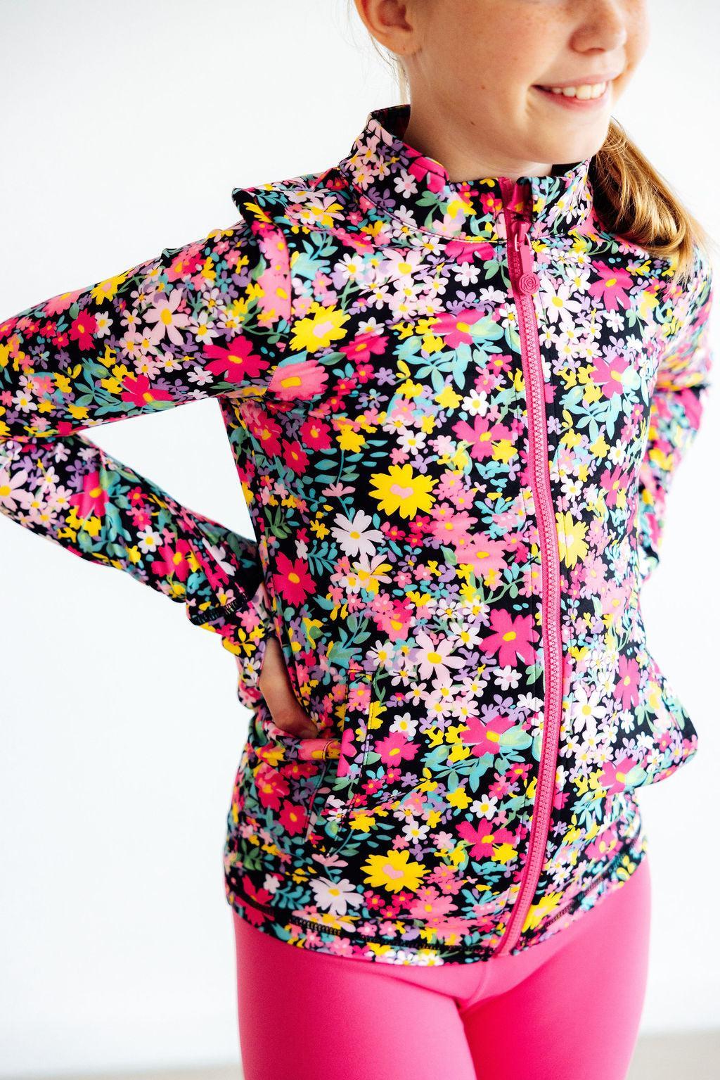Mila & Rose Flexible Floral Full-Zip Ruffle Active Jacket