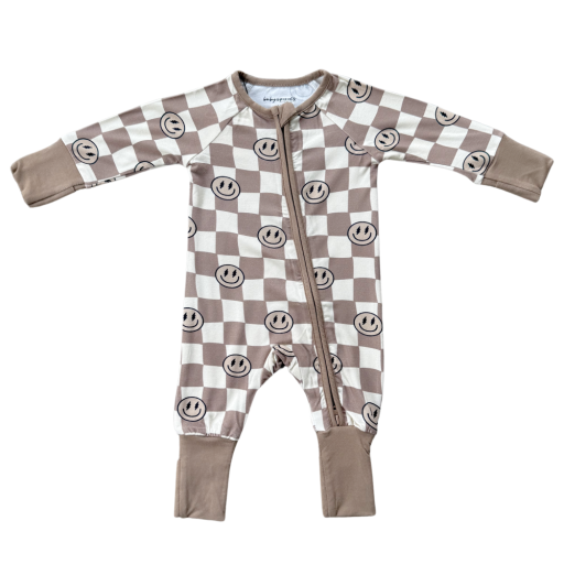 Babysprouts Long Sleeve Zip Romper | Smiley Check In Portabella