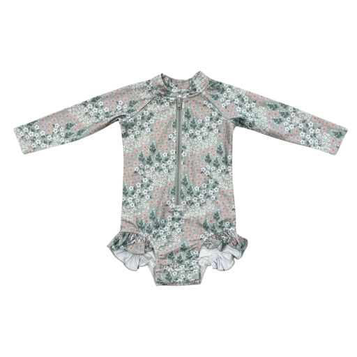 Babysprouts Clothing Company Girl's One-Piece Ruffle Rash Guard Swimsuit | Aqua Grey Floral