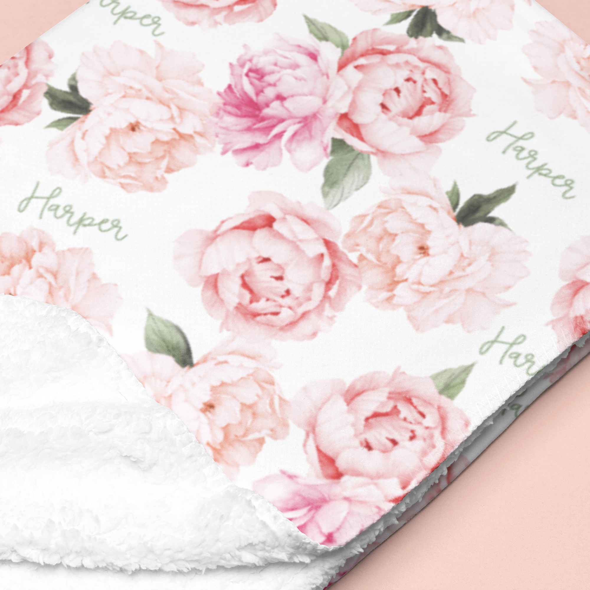Sugar + Maple Sherpa-Lined Personalized Blanket | Peonies