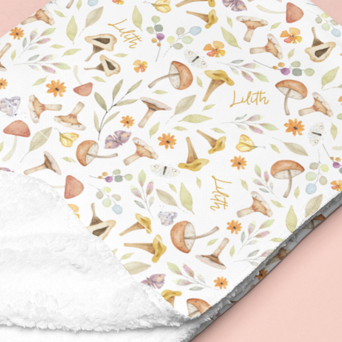 Sugar + Maple Sherpa-Lined Personalized Blanket | Whimsical Mushroom