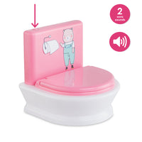 Pink children's toy potty with cartoon bear design and sound indicators on a white background