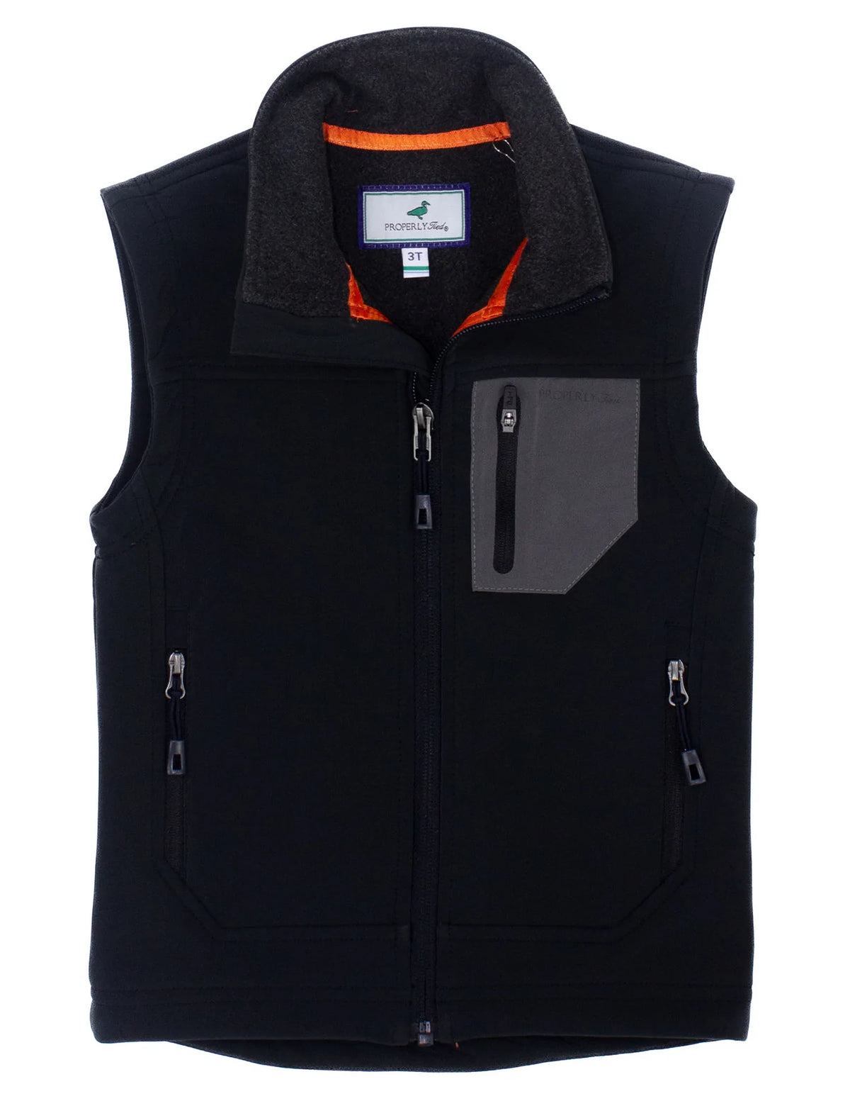 Black softshell vest with full zip, zipper pockets, and a classic fit.