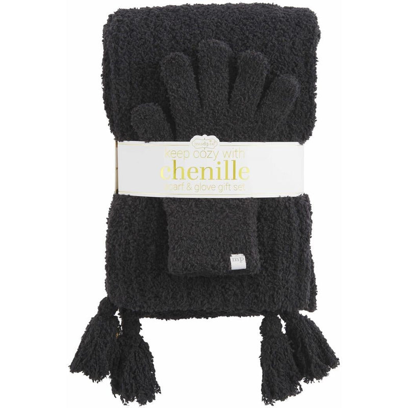 Mud Pie Chenille Glove & Scarf Set | Black