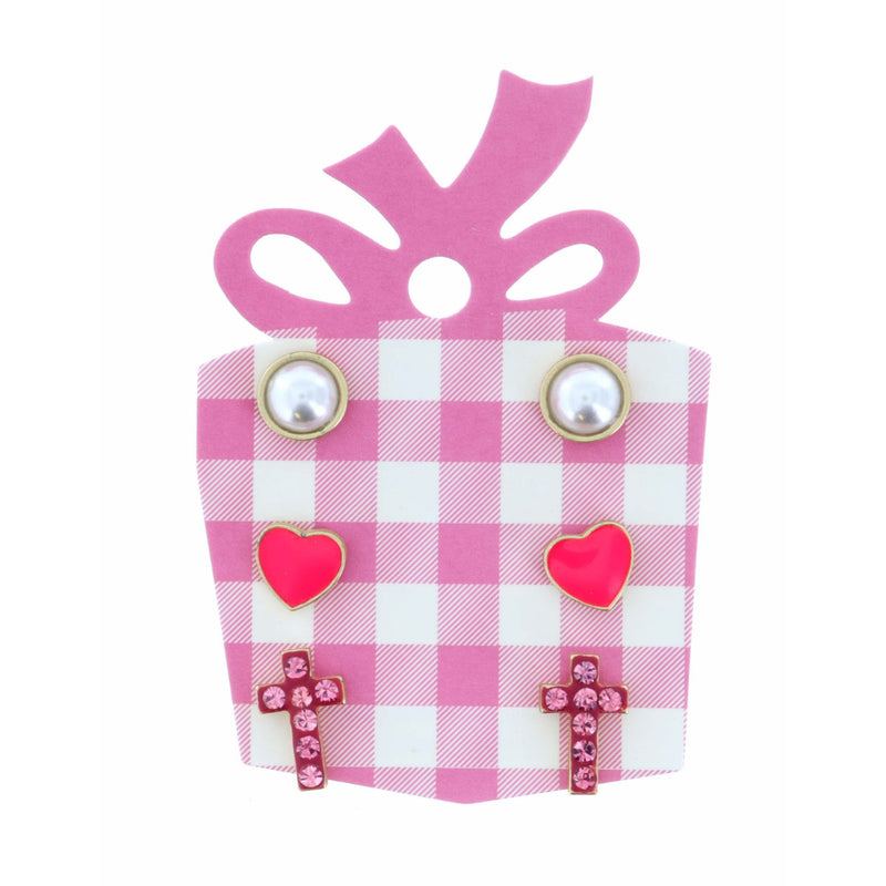 Pearl, Pink Heart, Pink Cross Earring