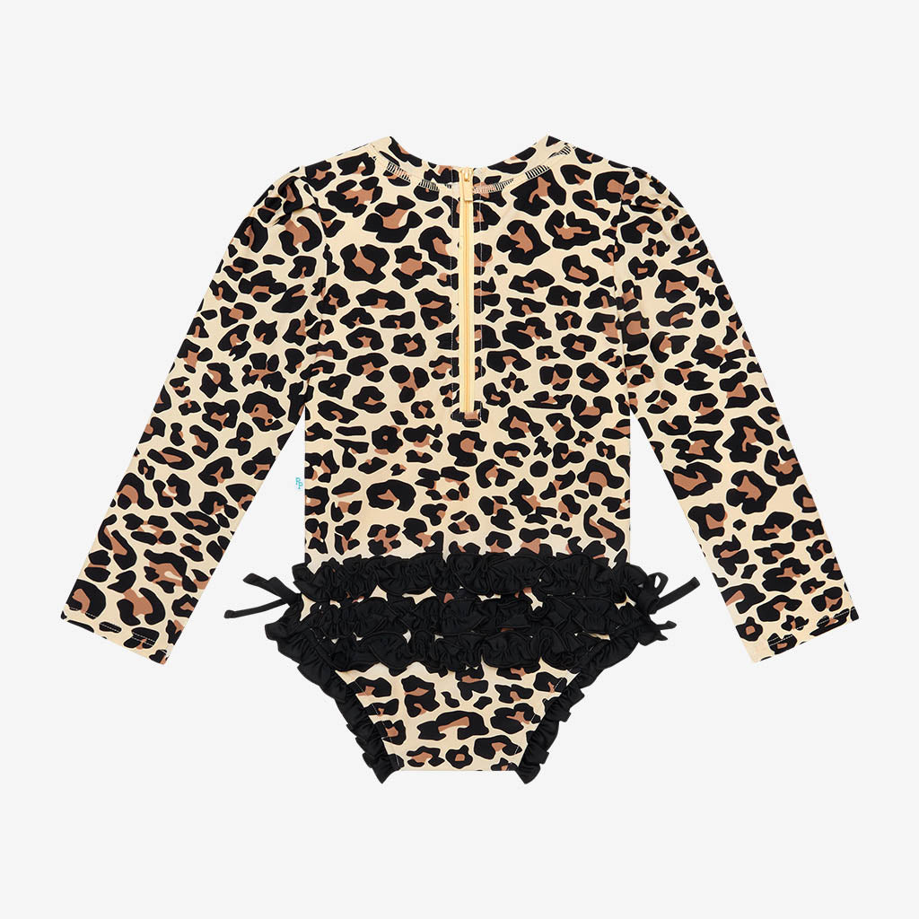 Posh Peanut Lana Leopard Long Sleeve Ruffled Rash Guard Swimsuit