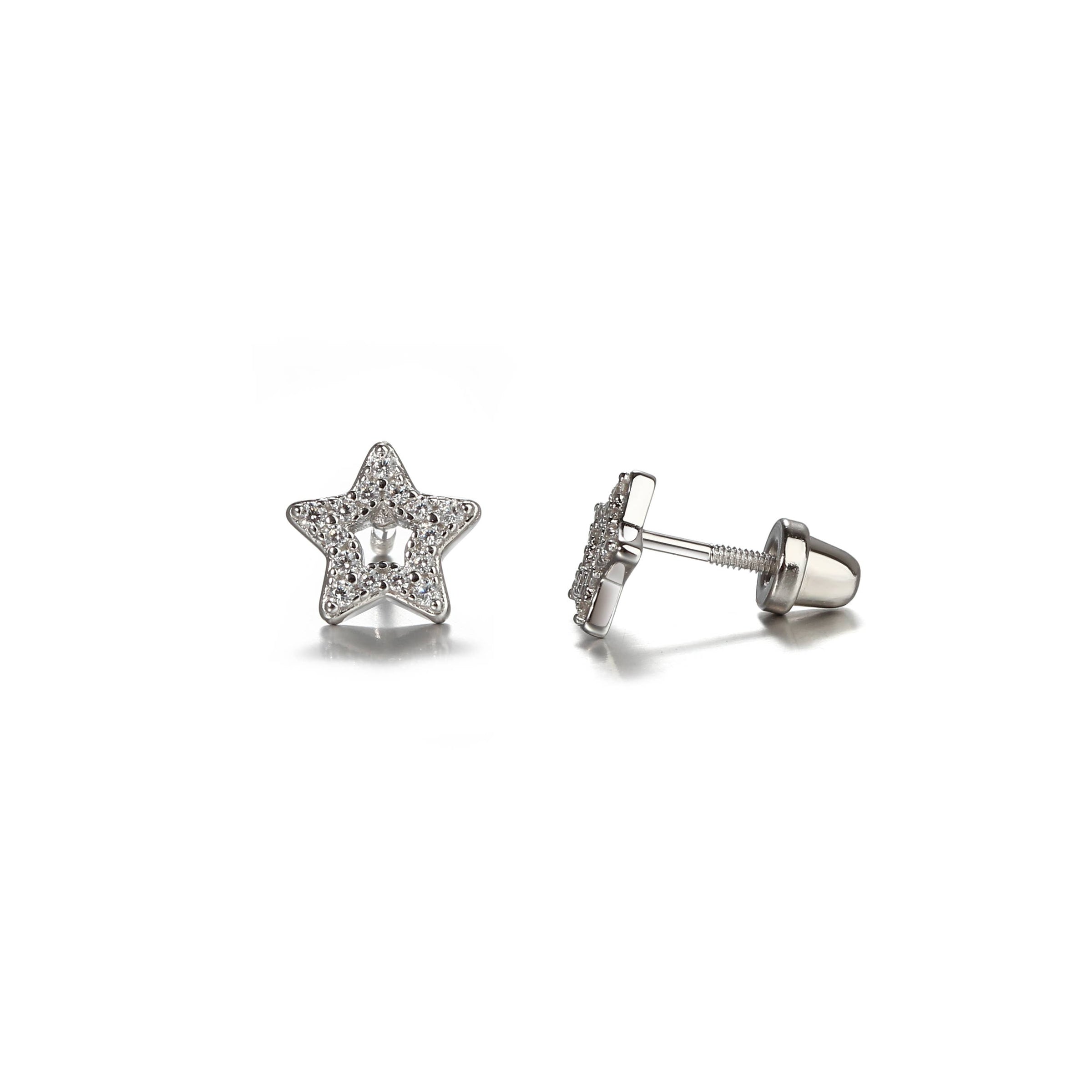 Girls Sterling Silver Open Star Screw-Back Earrings for Kids