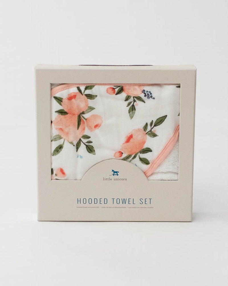 Little Unicorn Hooded Towel & Washcloth Set - Watercolor Roses
